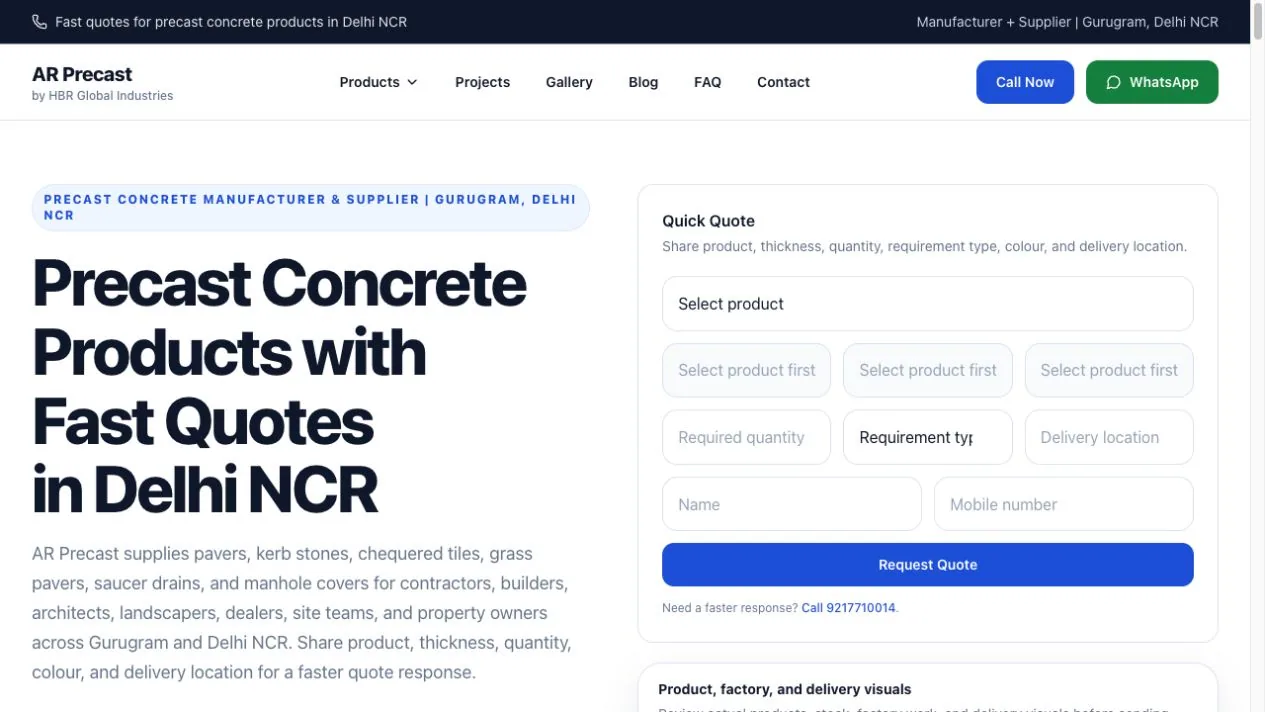AR Precast website homepage showing precast concrete products and its quick quote form