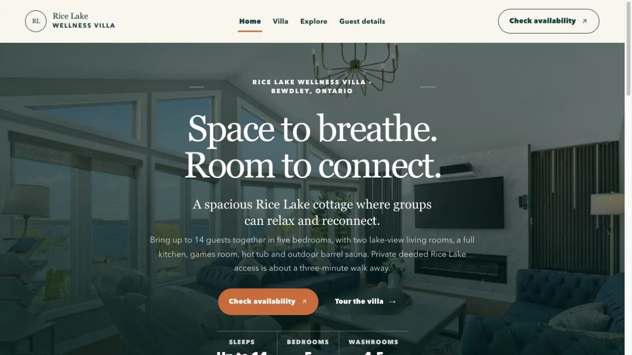 Rice Lake Wellness Villa website homepage with property photography and availability links